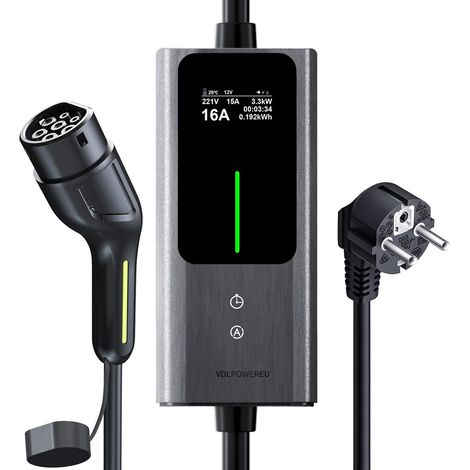 Chargeur Voiture Electrique, 3,6kW  5M EV Chargeur Type 2, Écran Tactile LED, Cable Recharge Véhicule Electrique 6-16A avec EU Schuko Prise, Borne de Recharge Monophasé IP65 (IEC 62196-2) (1/5)