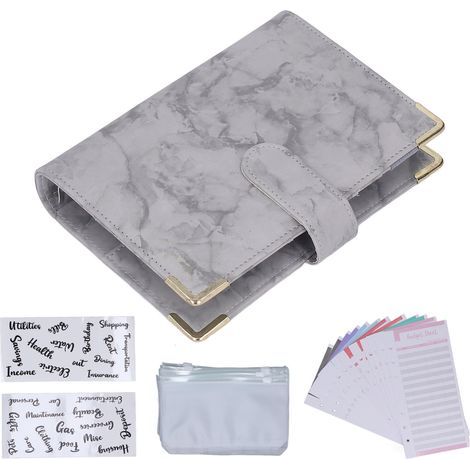 A6 Cuir PU 6 anneaux classeur budgétaire avec 8 pochettes zippées, 12 feuilles et 2 autocollants, intérieur amovible (1/5)