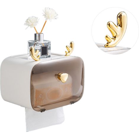 Porte-papier toilette étanche, barre mignonne en forme de bois de cerf, fenêtre transparente, réglable, fixation murale, blanc (1/5)