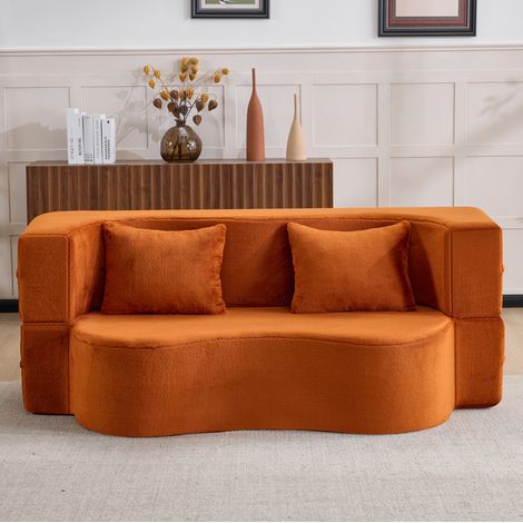 Sofá cama plegable de 2 plazas en espuma de alta densidad, sin montaje, naranja, OKWISH (1/5)
