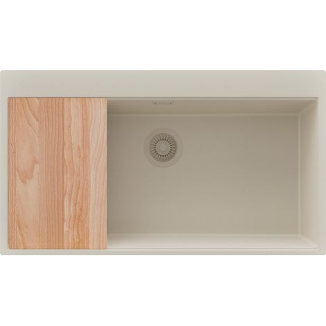 PRIMAGRAN Evier Cuisine en Granit 88x50cm,Lavabo 1 bac + Kit de Vidage + Planche à Découper, Évier à Encastrer au meuble 90cm - Oslo, Beige (1/5)