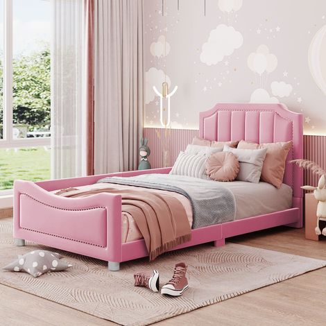 Kinderbett Polsterbett 90x200 cm im Bogendesign, Holz/MDF mit Flanellbezug in Rosa, mit Kopfteil, Fußteil und Lattenrost (1/5)