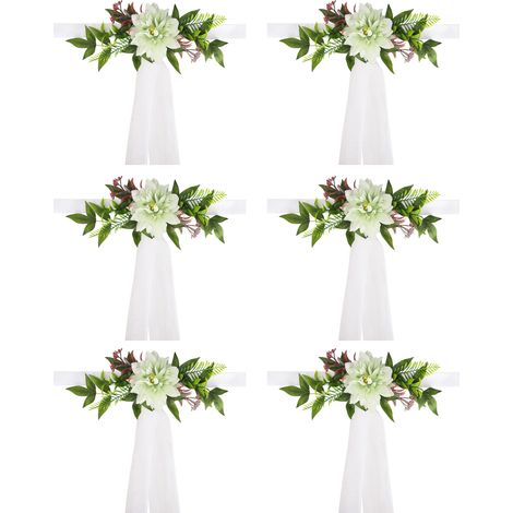Set mit 6 Stuhldekorationen für Hochzeiten, verziert mit künstlichen Blumen und Grünpflanzen. Dekoration für den Brautgang.