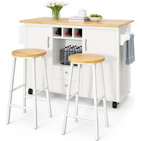 ELVMI Ensemble Table et Chaises de Bar avec 1 Îlot de Cuisine et 2 Tabourets, Plateau Rabattable, MDF et Métal, Blanc (1/5)