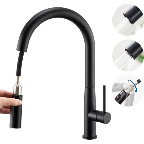 Auralum Grifo Cocina Extraíble de acero inoxidable Negro, Grifo de Cocina con Ducha Extraíble 45cm, 360° Giratorio Fregadero Monomando Cocina con Aireador Desmontable, U-Form (1/5)