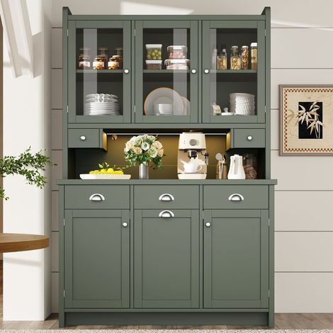 Buffet de cuisine vert 180x120 cm avec éclairage LED connecté, 3 portes en verre, meuble de rangement grande capacité
