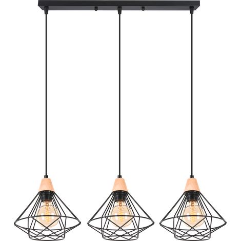 3-flammige Kronleuchter, Industriell Metall Hölzern Lüster in Rautenform, Ø22cm Pendelleuchte E27 für Wohnzimmer Schlafzimmer Küche Restaurant Schwarz