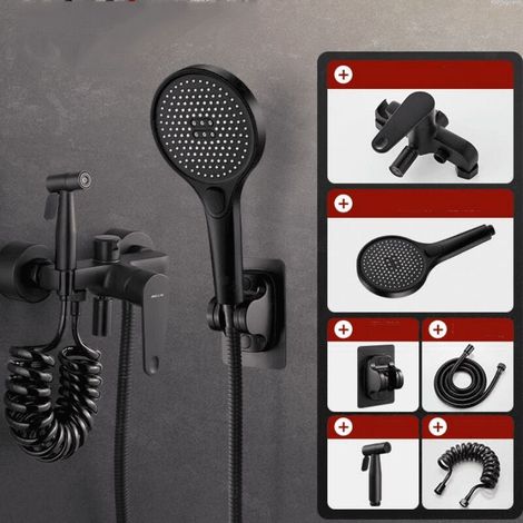 Mitigeur de baignoire noir, robinet de baignoire avec douchette et support de flexible de douche (1,5 m), mitigeur de douche mural monocommande - mitigeur 3 en 1 (1/4)