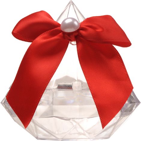 Lot de 12 boîtes cadeaux transparentes en forme de diamant pour mariage fête, boîtes à bonbons en plastique PS avec nœud papillon rouge vif, taille L 9x9 cm (1/3)
