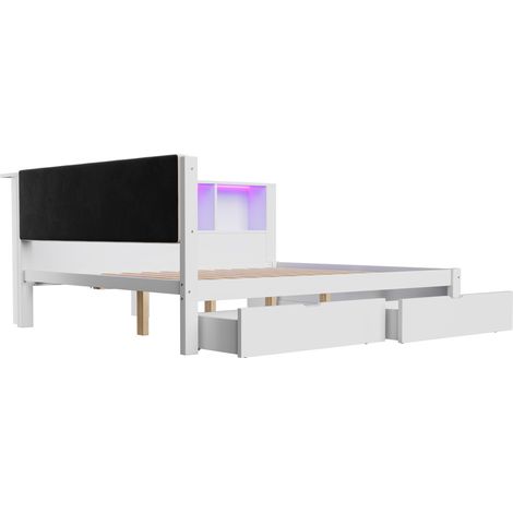 Cama nido 140 x 200 cm de pino y MDF blanco con cajones, LED, puerto USB y estante (1/5)