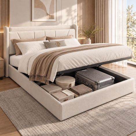 Cama canapé abatible 160x200 cm con almacenaje hidráulico, Conexión USB Tipo C y cabecero con estantes portaobjetos, somier de láminas, tela de lino, Beige (1/5)