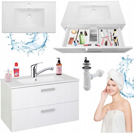 Badschrank hängend - 80 cm - weiß - elegant und funktional - mit Waschbecken und Armatur (1/5)