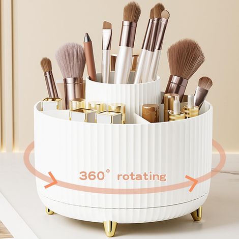 Organisateur Maquillage Rotatif, 360°Rotatif Pot a Crayon Rangement Pinceaux Maquillage 5 Compartiments Pinceaux Maquillage Organisateur-Blanc