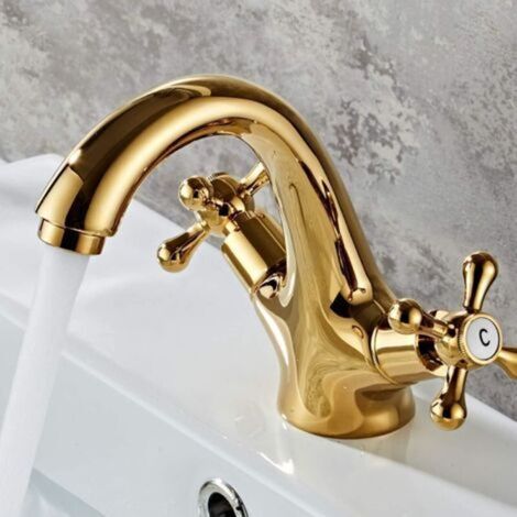 Robinet de lavabo de Salle de Bains doré, Robinet de lavabo monotrou à Montage sur Pont en Laiton, mitigeur d'évier Chaud et Froid for lavabo de Salle de Bains( tuyau extra long de 2x60 cm Incluse) (1/4)