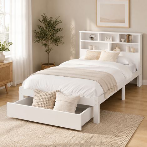 Cama individual 90x200 cm blanca con cabecero librería y cajones, funcional y compacta (1/5)