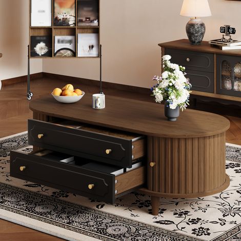 Couchtisch 100×50×36 cm im Retro-Stil, Nussbaum und Schwarz, 2 Schubladen, Schiebetür, 4 Metallfüße LINHOO