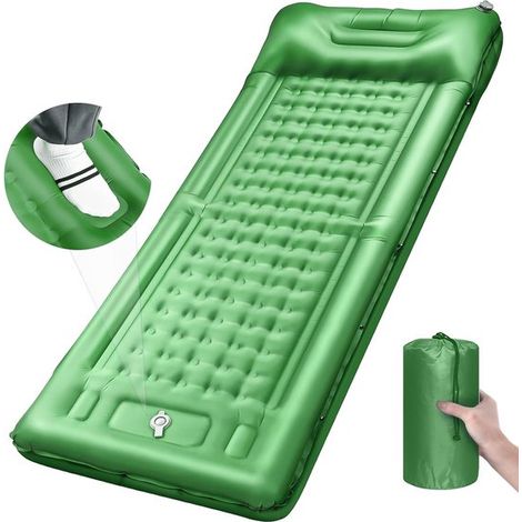 Matelas de camping gonflable - 196 x 72 x 12 cm - Vert - Matelas avec pompe à pied intégrée et oreiller (1/5)