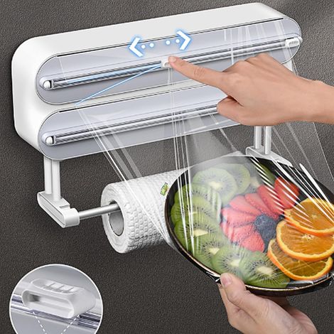 Dispenser 3 in 1 per pellicola trasparente con taglierina, organizer per fogli di alluminio e pellicola magnetica, organizer da parete per pellicola da cucina con portarotolo di carta e taglierina.