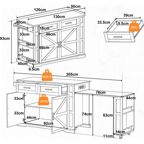 Îlot de cuisine avec plan de travail escamotable, chariot de cuisine 120×50×93cm avec multiprise, 2 tiroirs, armoire double porte, étagère réglable, porte-serviettes & 7 roulettes, Noir/Chêne (1/5)