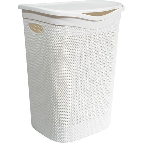 Cesto Portabiancheria in Plastica con coperchio - Effetto Rattan, 39,5x37x54 cm - Struttura intrecciata per biancheria sporca in bagno, lavanderia, Hotel - Colore Bianco (1/5)