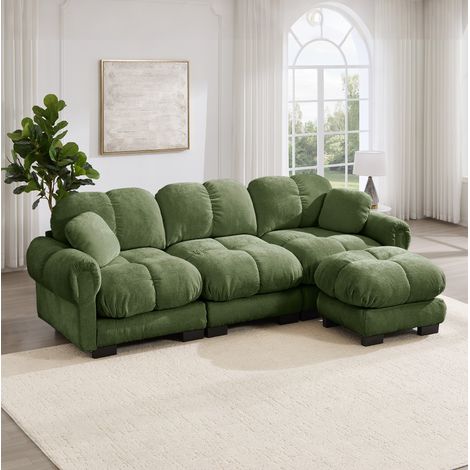 Sofá esquinero modular 3 plazas de chenilla, con 1 reposapiés, verde, 260x149x90 cm (1/5)