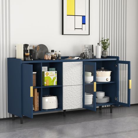 REDOM Commode 150x40x80 cm avec 2 tiroirs 2 étagères ouvertes et 2 portes vitrées matériau en MDF Bleu (1/5)