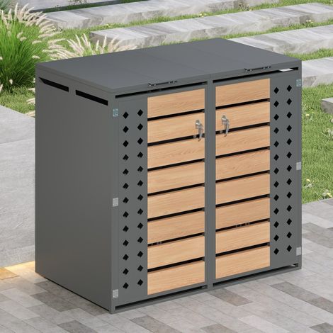 Abri poubelle double - 132x80x118,5cm - Couvercle hydraulique - Acier galvanisé - Verrouillable - Design losanges - Gris et Bois (1/5)