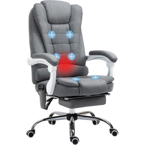 Fauteuil de direction avec fonction massage, chauffage, dossier réglable en hauteur et inclinable, revêtement en lin gris
