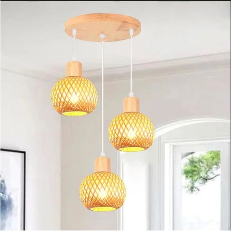 Suspension Luminaire en Bambou et Bois Vintage Lustre 13cm Mini Abat-jour à Boule Rotin Retro Lampe de Plafonnier Style (1/5)