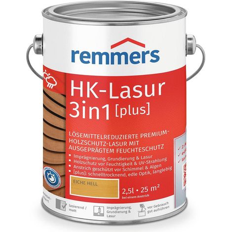 Remmers HK-Lasur 3in1 [plus] eiche hell, matt, 2,5 Liter, Holzlasur, Premium Holzlasur außen, 3fach Holzschutz mit Imprägnierung + Grundierung + Lasur