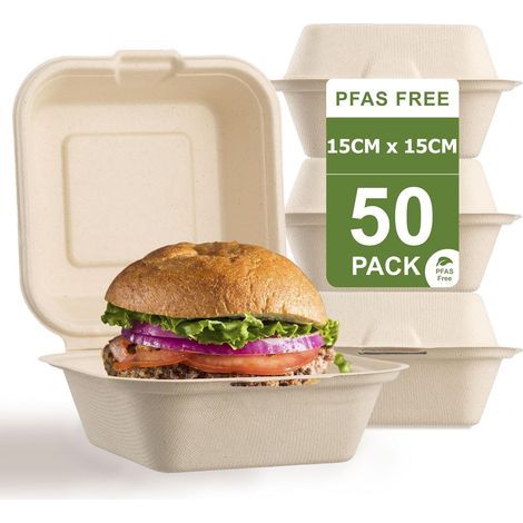 50 Pièces Conteneurs Alimentaires à Clapet, 15CM x 15CM Boîtes à Emporter Bagasse Contenants Alimentaires 100% Compostables Bols à Charnière Jetables pour Quotidien Restaurants Barbecue Usage (1/5)