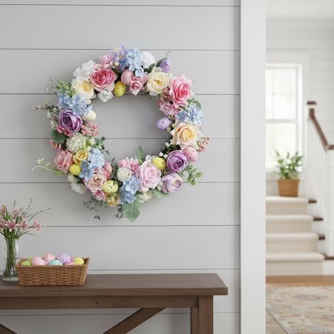Couronnes de fleurs, œufs de Pâques, couronnes de printemps rondes, couronnes de porte, décorations de fenêtre festives, tentures de porte et murales, accessoires de décoration de scène. (1/4)