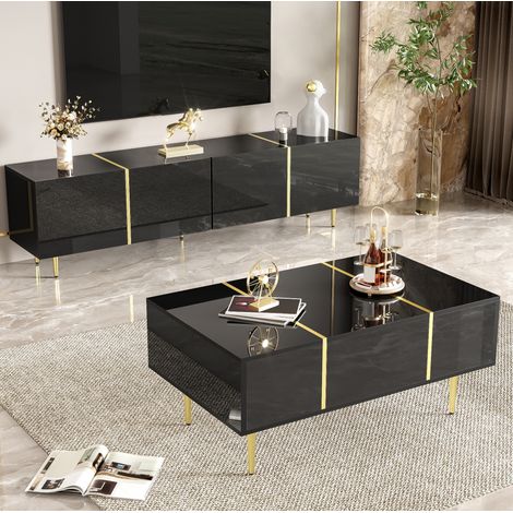 TV-Möbel- und Couchtisch-Set 170x35x46 cm / 100x60x41.5 cm schwarz MDF Hochglanz mit Stauraum und Soft-Close (1/5)