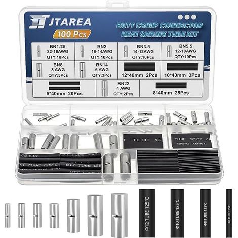 100 Pieces 7 Types Electrical Terminals Crimp End to End Non-Insulated Kit with Heat Shrink Shrinkable Connectors 0.5-25mm² Cable Crimp Terminal Electrical Connector Set (1/5)