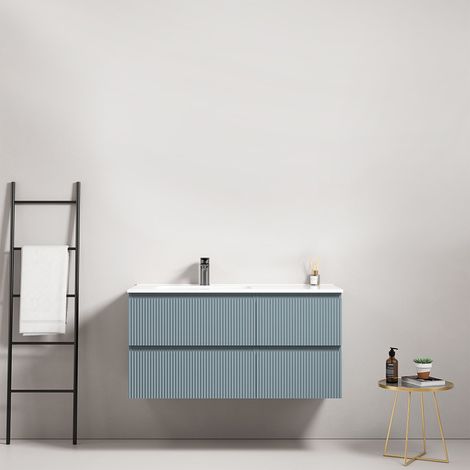Mobile bagno sospeso cannettato 100 cm Blu Avio Lavabo a Sinistra in Ceramica Senza Specchio - Fiji Paint (1/4)