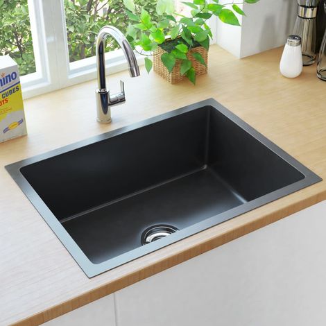 Évier de cuisine, fait main Bac Évier Équipement de Cuisine, avec crépine Noir Acier inoxydable OIB9322E (1/5)