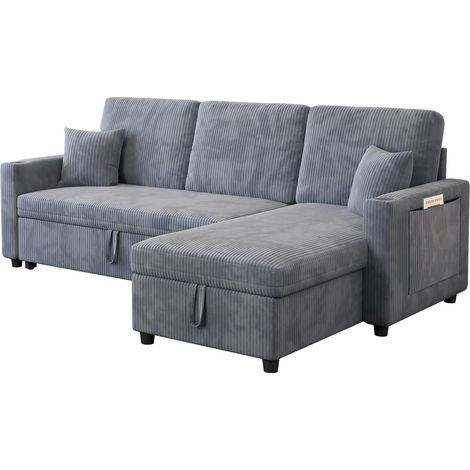 Divano angolare letto L in corduroy grigio con contenitore e ricarica USB Type-C MODENUIT (1/5)