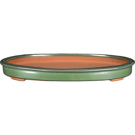 Vaso per bonsai ovale in gres smaltato verde 30x21,5x3 cm - J08d