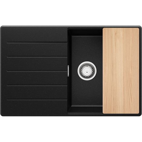 PRIMAGRAN Evier Cuisine en Granit 78x50cm, Lavabo 1 bac + Kit de Vidage + Planche à Découper, Évier à Encastrer au meuble 50cm - Copenhague, Noir Métallisé