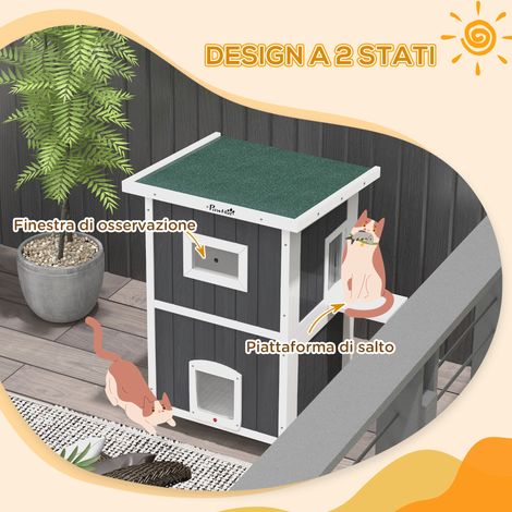 Zweistöckiges Katzenhaus aus Holz für den Außenbereich. Asphalt-Dach und vier Türen. 60 x 60 x 90,5 cm. Grau. (1/5)
