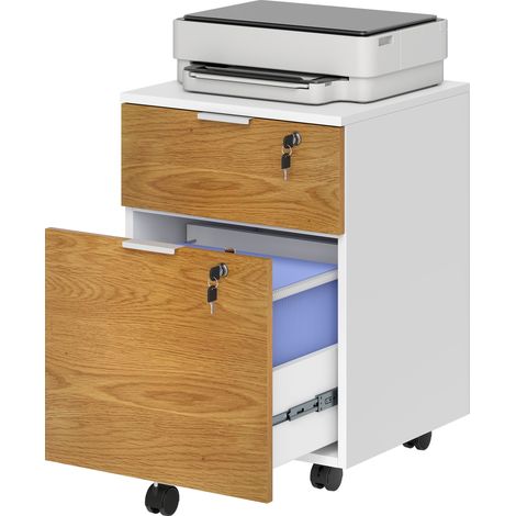 Meuble de rangement de bureau avec 2 tiroirs et 2 tringles à dossiers suspendus, verrouillable avec 2 clés, 42 x 40 x 60 cm