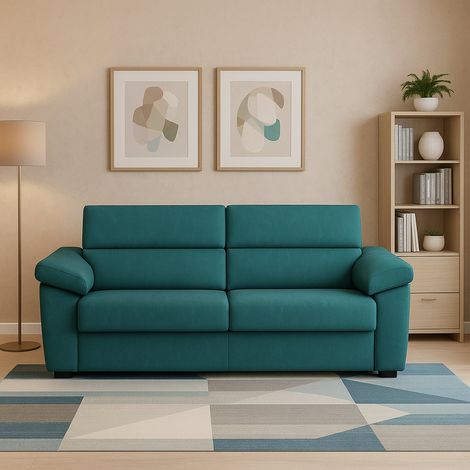 Dmora - Sofá fijo 2 plazas Gorreto, Sofá lineal para salón, acolchado, desenfundable, calidad 100% Made in Italy, 205x95 h100 cm, Azul claro (1/5)