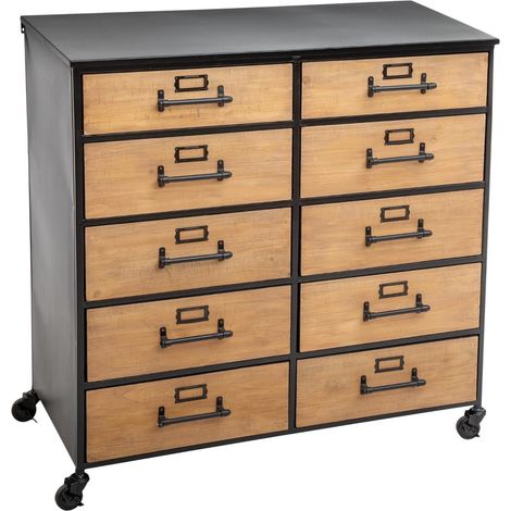 Commode de rangement de 10 tiroirs, coloris noir/naturel - L.84 x l.43 x H.86,7 cm -PEGANE- (1/4)