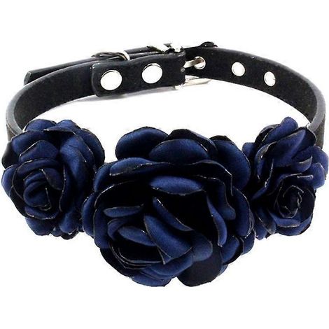 Halsband für Hunde und Katzen, rosa Blumenmuster, Blumenverzierung, marineblau, Größe M.