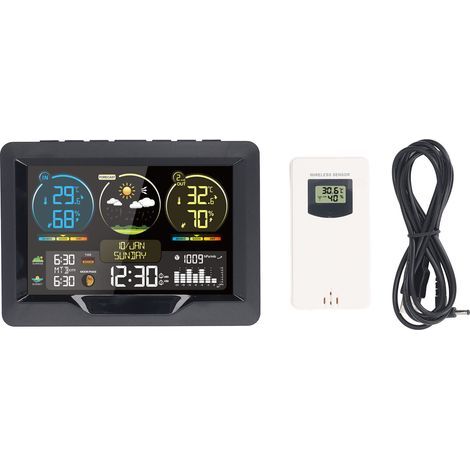 Kabellose Wetteruhr, professionelles digitales Thermometer mit Farbdisplay für Innen- und Außentemperatur, Luftfeuchtigkeit, Sonnenaufgang und Sonnenuntergang (1/5)