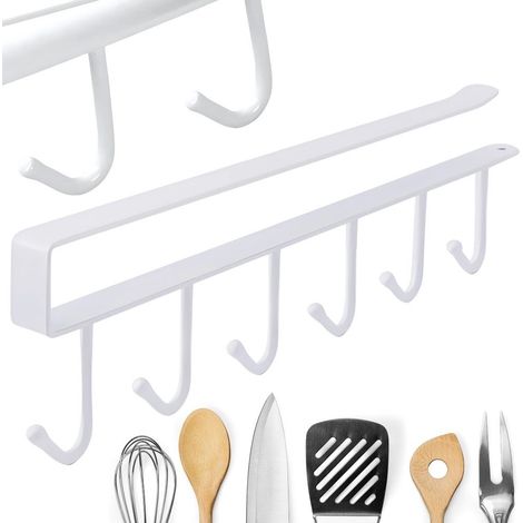 Porte-ustensiles de cuisine en métal blanc, 6 crochets, rangement sous meuble, gain de place, blanc