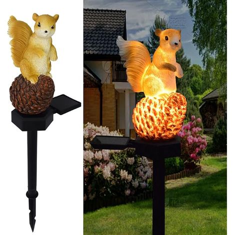 Lumière d'écureuil de pinecone d'énergie solaire, résine de décoration jardin mignonne lampe sol animale, crépuscule sans fil à l'aube LED Sconce Lights imperméable. (1/5)