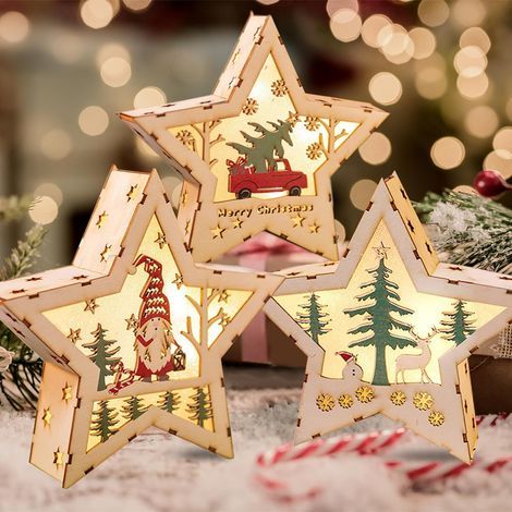 Fenêtre Décorative de Noël, 3 PCS Étoile lumineuse de Noël, Décoration de Noël Illuminé en Bois LED,Ornement en Bois Suspendu pour Arbre Noël,Fournitures Fête à la Maison Bricolage pour Noël (1/5)