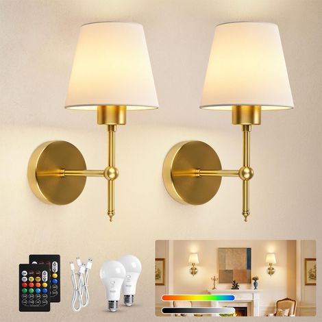 Lot de 2 Applique Murale Intérieure, Lampe Murale Sans Fil Applique Murale Rechargeable, Vintage, RGB Dimmable, avec Ampoules Rechargeables et Télécommande, pour Chambre Salon Couloir (1/5)