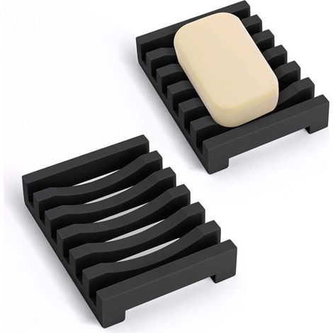 (Schwarz)Set mit 2 langen Seifenschalen, Silikon-Seifenhalter mit selbstentleerendem Ablauf und Trocknungsdesign, für Küche, Duschraum und Badezimmer (1/5)
